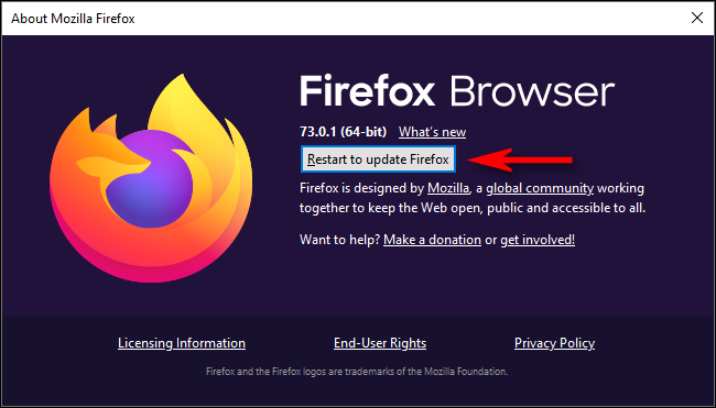 Redémarrer pour mettre à jour Firefox